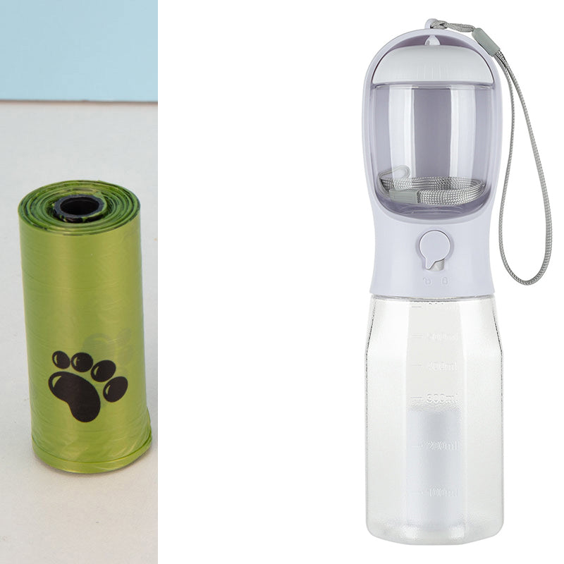 Dog 3 in 1 multifunctional water bottle, feeder and poop bag dispenser, leak proof