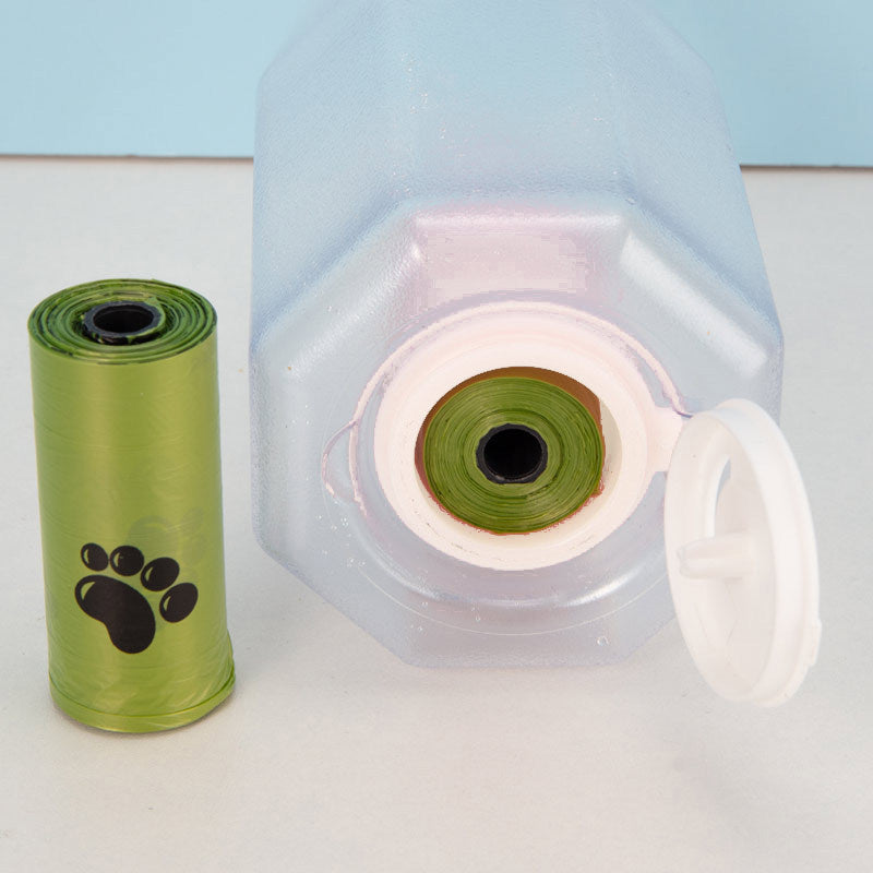 Dog 3 in 1 multifunctional water bottle, feeder and poop bag dispenser, leak proof