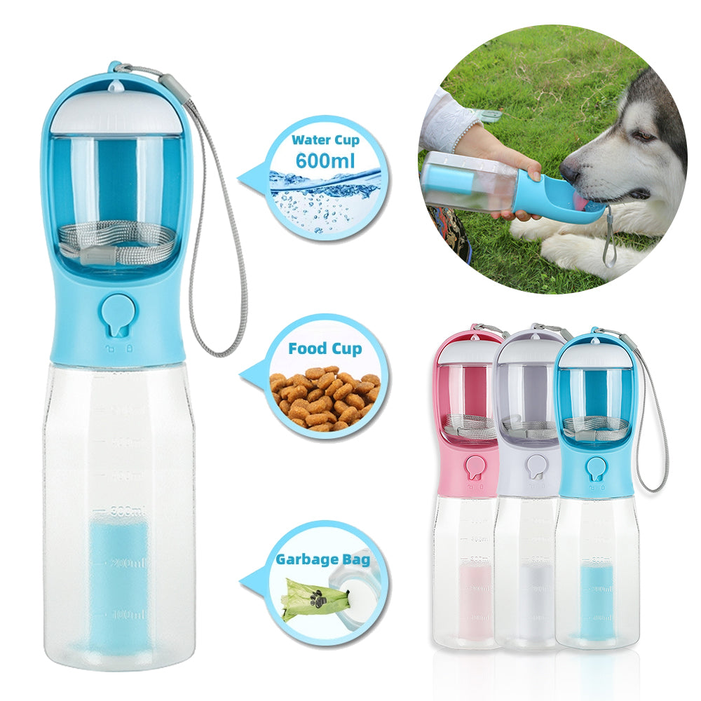 Dog 3 in 1 multifunctional water bottle, feeder and poop bag dispenser, leak proof