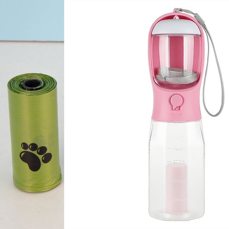 Dog 3 in 1 multifunctional water bottle, feeder and poop bag dispenser, leak proof