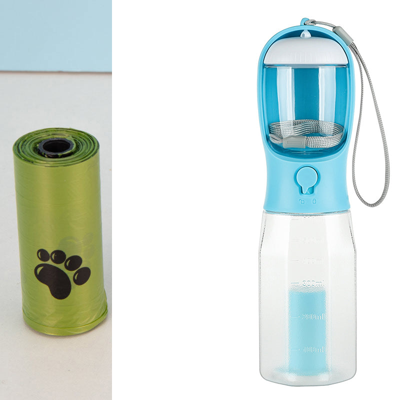 Dog 3 in 1 multifunctional water bottle, feeder and poop bag dispenser, leak proof